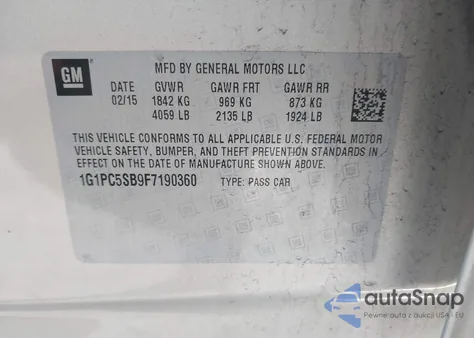 2015 Chevrolet Cruze 1Lt Auto из США, поврежденный, VIN 1G1PC5SB9F7190360